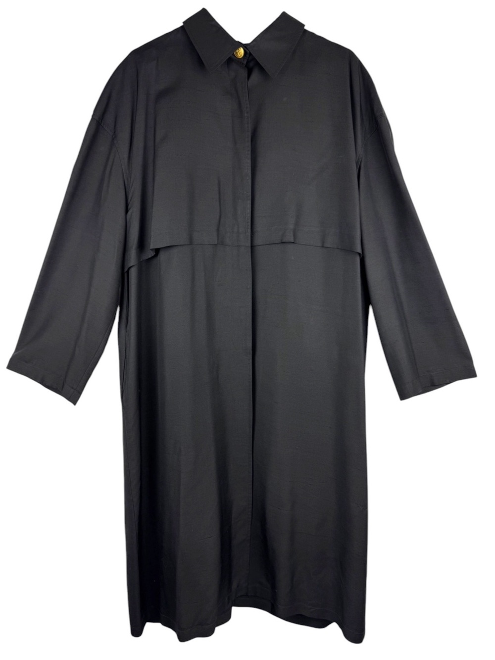 VTG Eleanor P Brenner Black 100% Dupioni Silk Long Duster Coat Size L Pockets